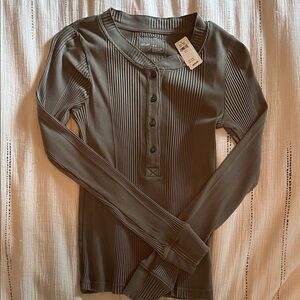 Aerie Ribbed Button Down Shirt - Olive